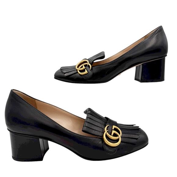 Gucci Marmont GG Fringe Loafers Low Block Heel Pumps Black LeatherSize 39 US 9 - Picture 11 of 15